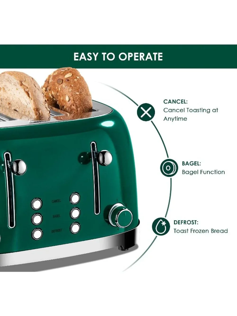 4 Slice Green Retro Stainless Steel with Bagel Defrost Cancel Function Toaster